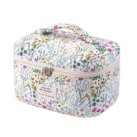 Front view of uekeboag Large Travel Quilted Makeup Bag in floral design