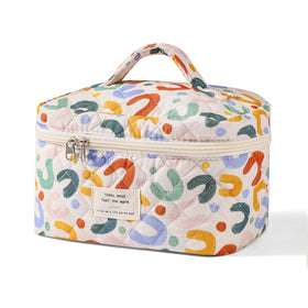 Front view of uekeboag Large Travel Quilted Makeup Bag in floral design