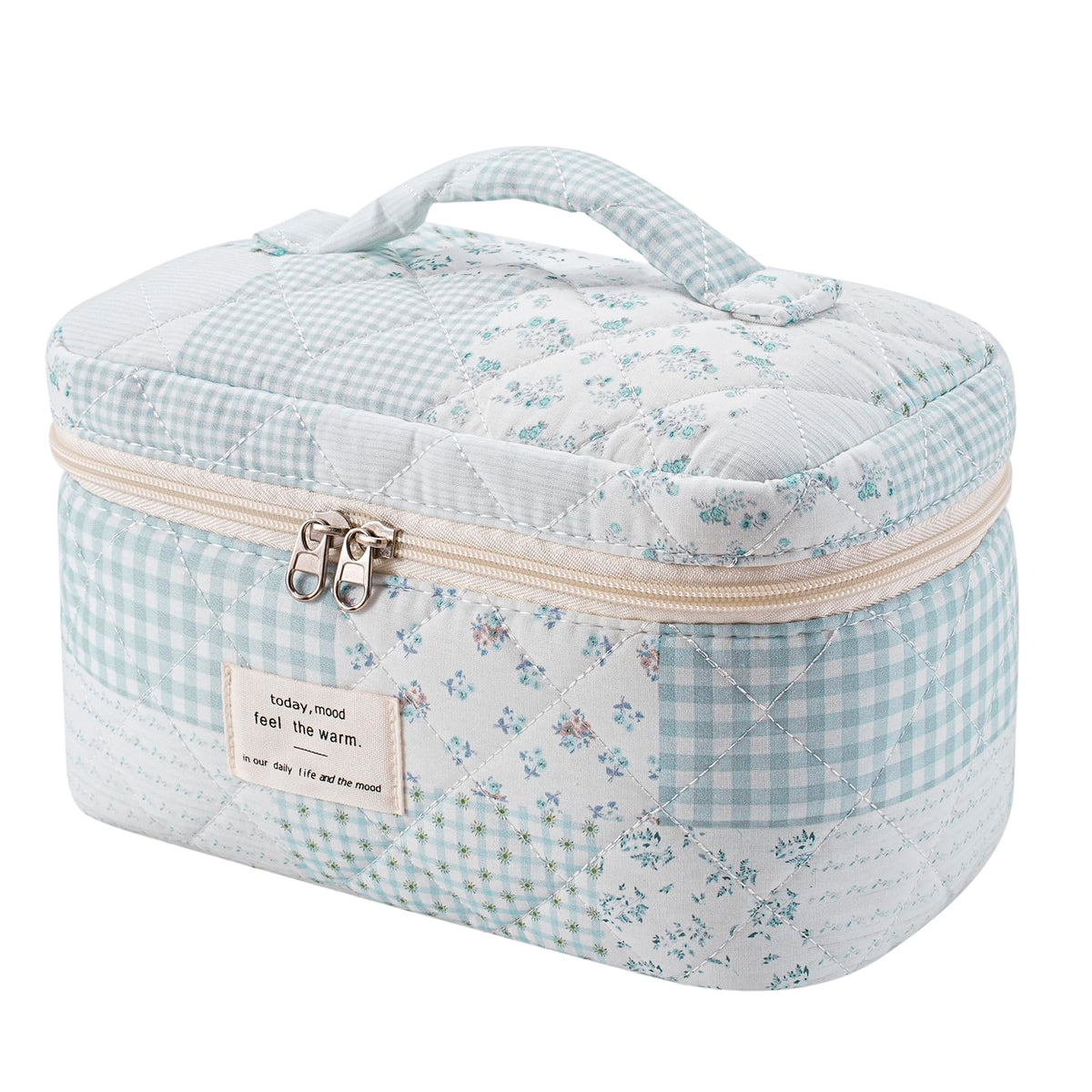 Front view of uekeboag large travel quilted makeup bag in floral pattern