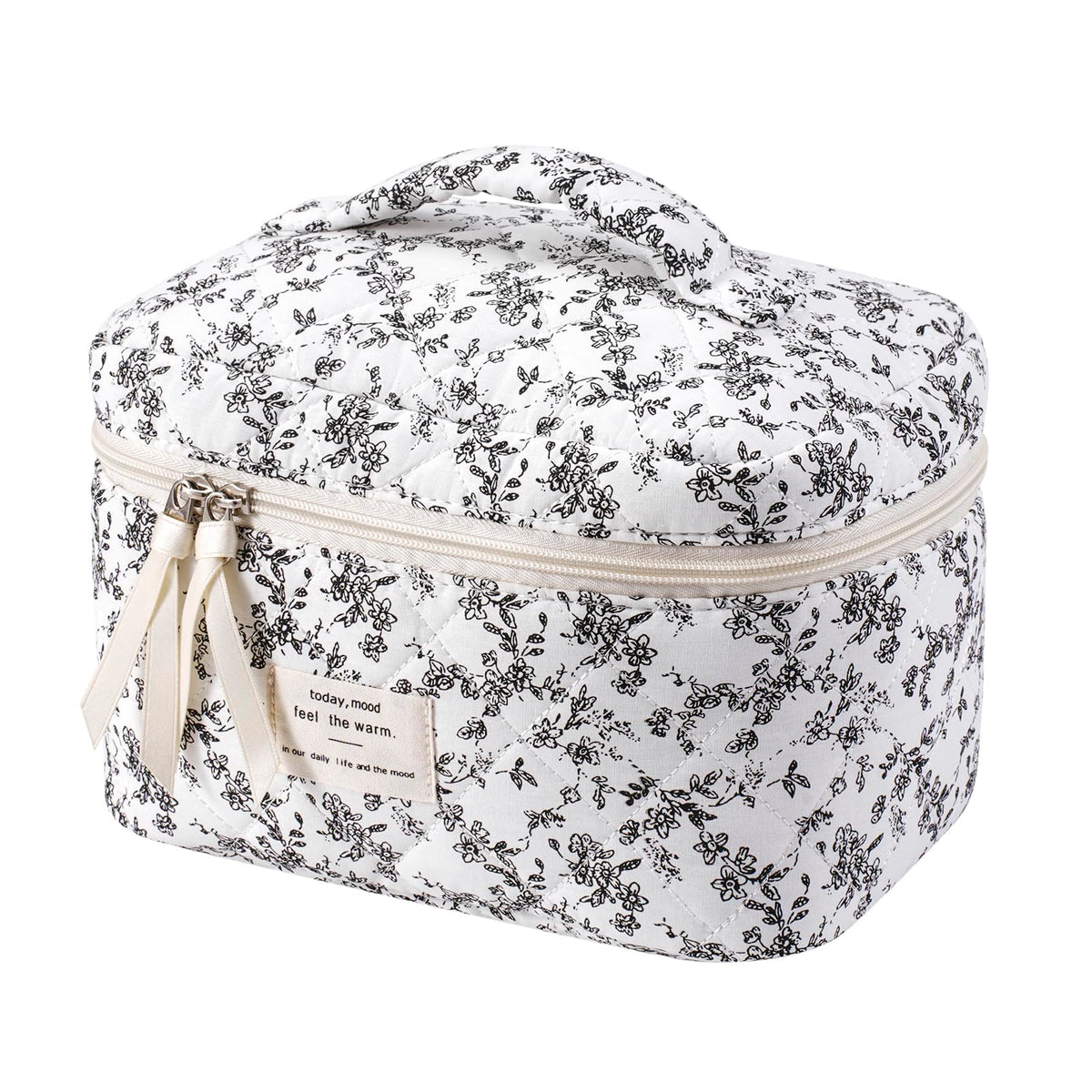 Front view of uekeboag Large Travel Quilted Makeup Bag with floral design