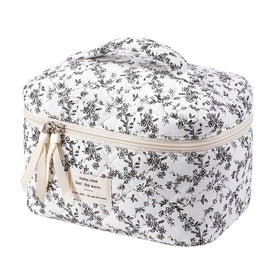 Front view of uekeboag Large Travel Quilted Makeup Bag with floral design