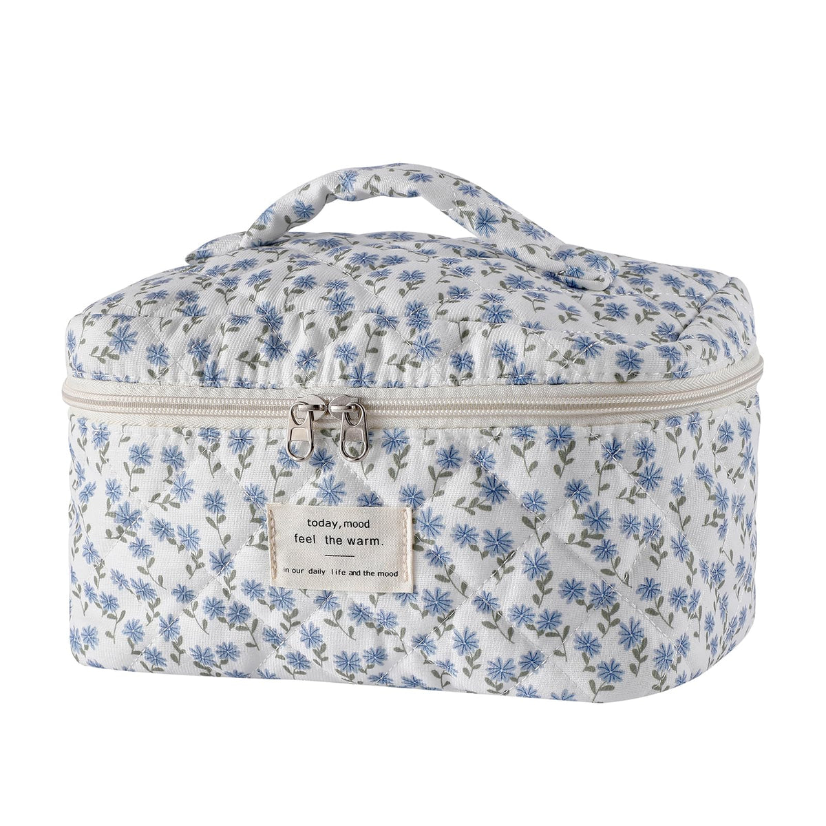 Front view of uekeboag Large Travel Quilted Makeup Bag with floral pattern