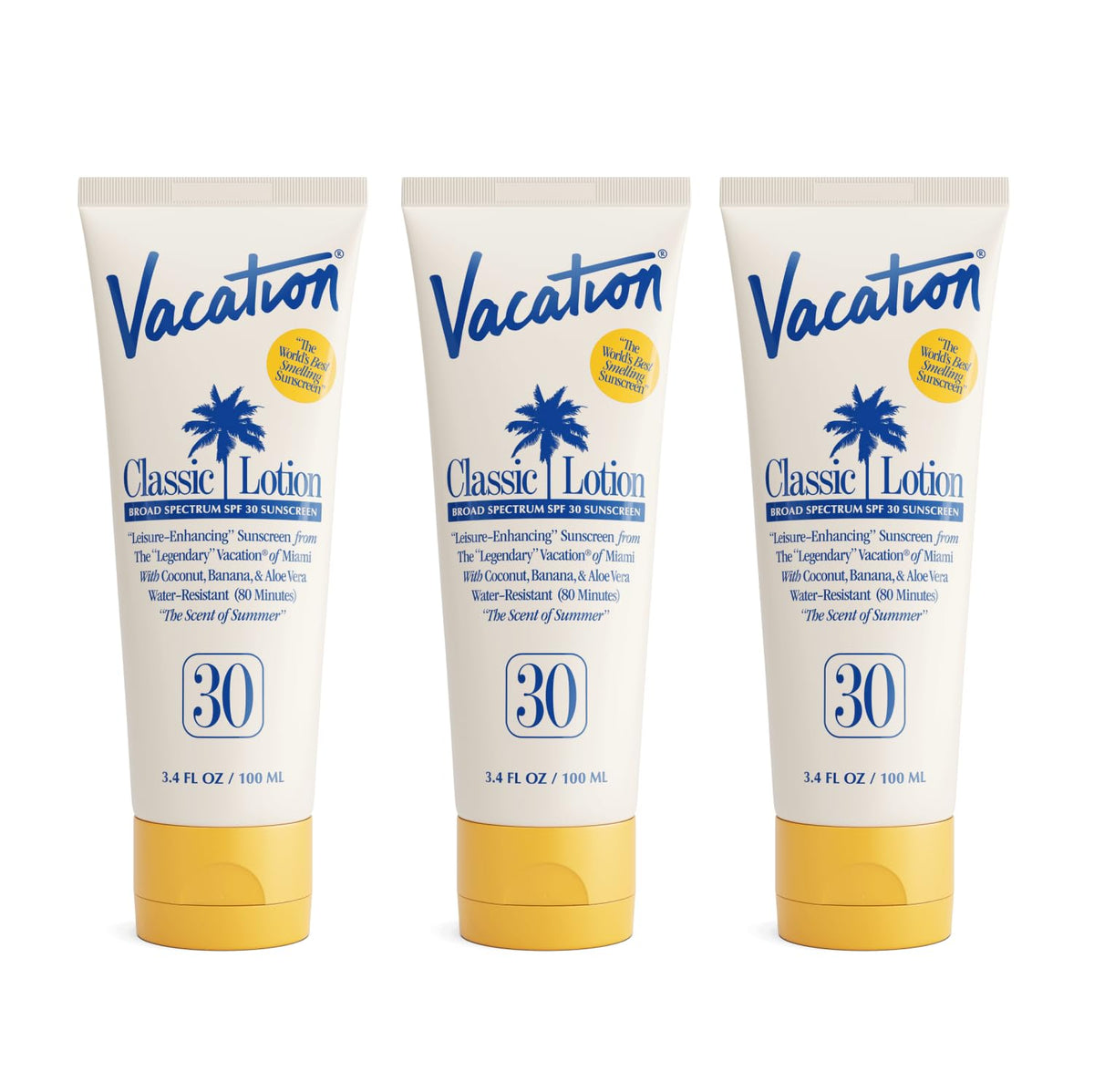 Front view of VACATION Classic SPF 30 Sunscreen Lotion pack of 3