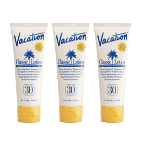 Front view of VACATION Classic SPF 30 Sunscreen Lotion pack of 3