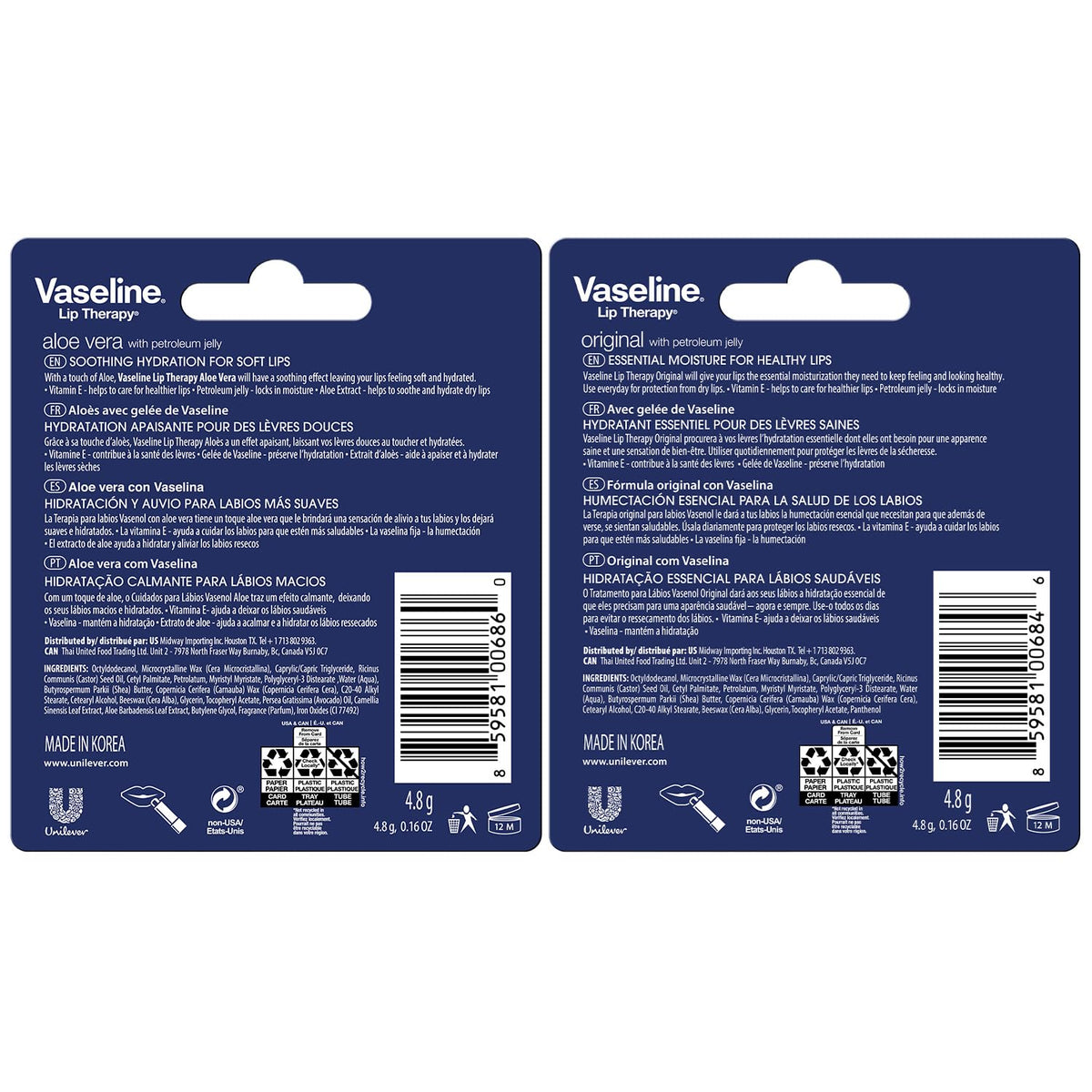 Front view of Vaseline Original Lip Balm stick