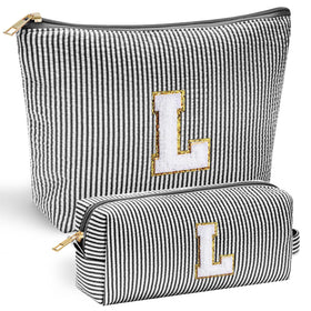 Front view of YOOLIFE Initial Makeup Bag in black with chenille letter