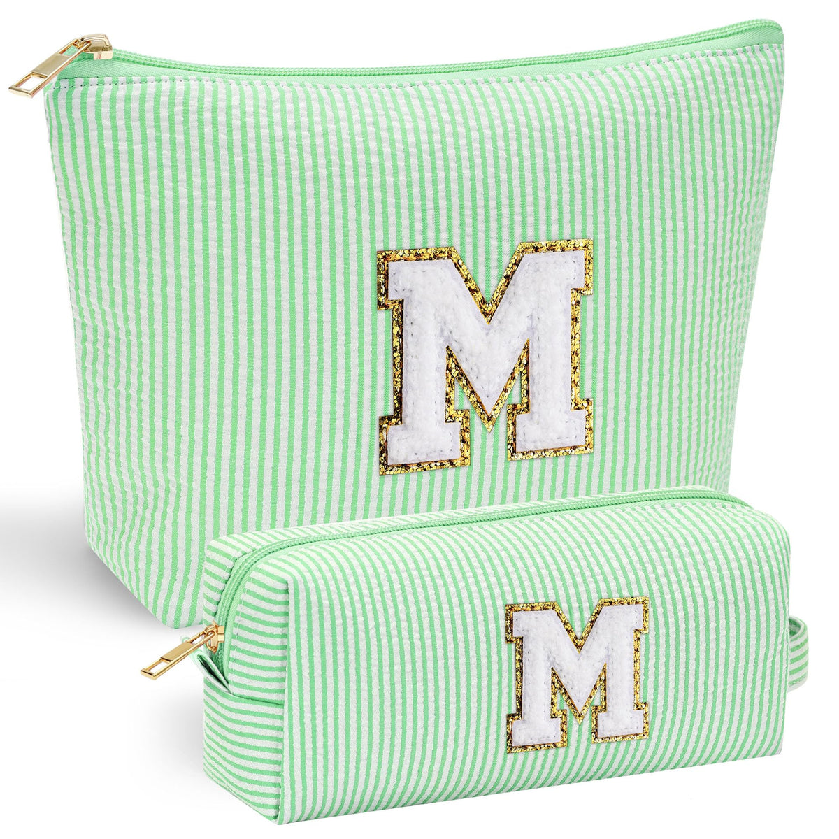 Front view of YOOLIFE Initial Makeup Bag in green with stitched letter