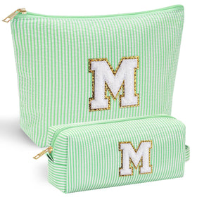 Front view of YOOLIFE Initial Makeup Bag in green with stitched letter