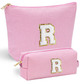Front view of YOOLIFE Initial Makeup Bag in pink with stitched letter