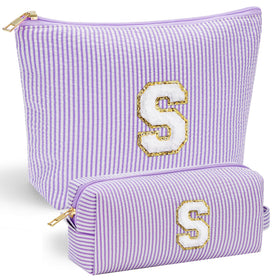 Front view of YOOLIFE Initial Makeup Bag in purple with stitched letter
