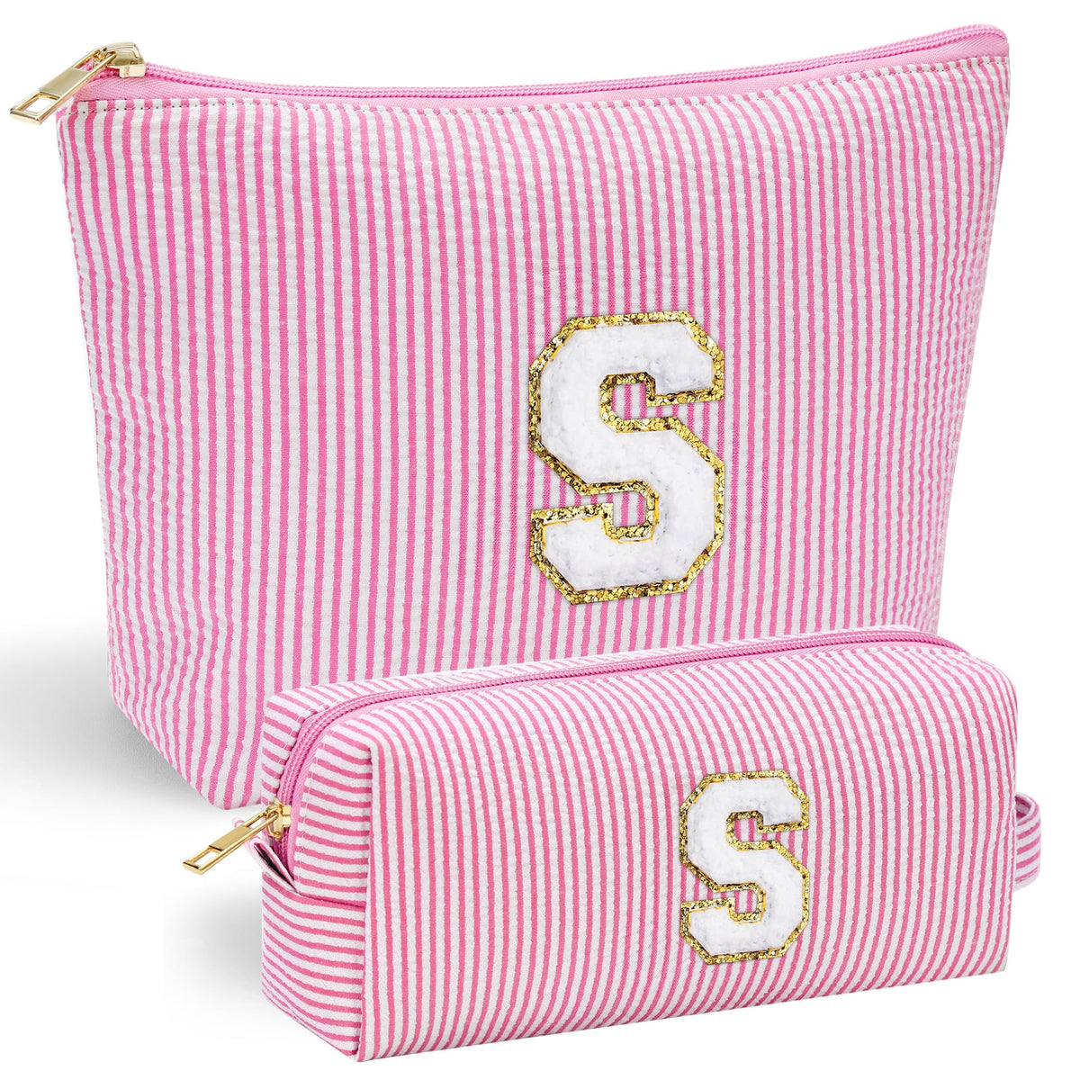 Front view of YOOLIFE Makeup Bag in pink with chenille letter