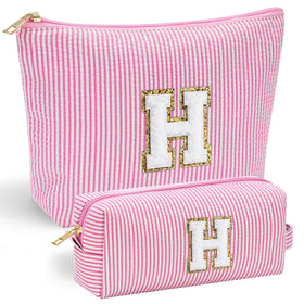 Front view of YOOLIFE personalized pink makeup bag with initial