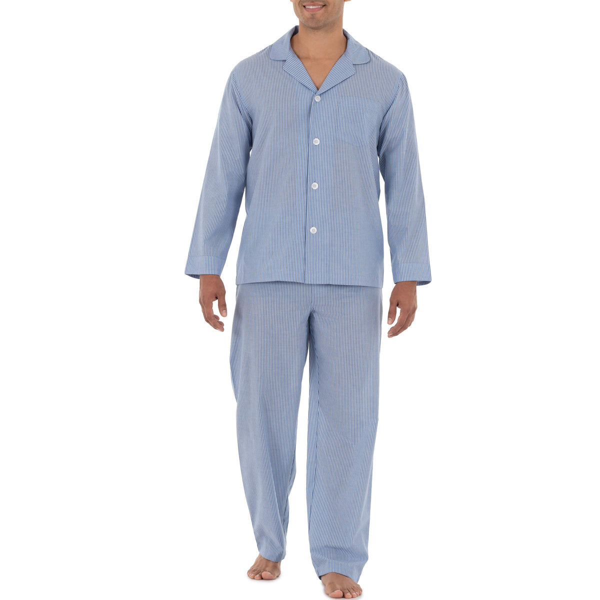 Fruit of the Loom Men's Long Sleeve Pajama Set front view in blue stripe