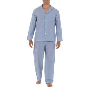 Fruit of the Loom Men's Long Sleeve Pajama Set front view in blue stripe