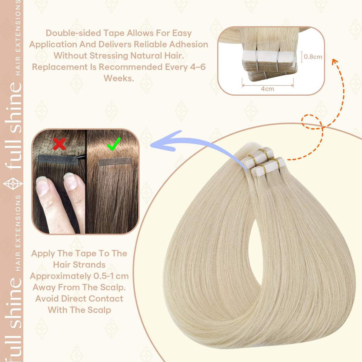 Fshine Tape-In Extensions laid flat against scalp