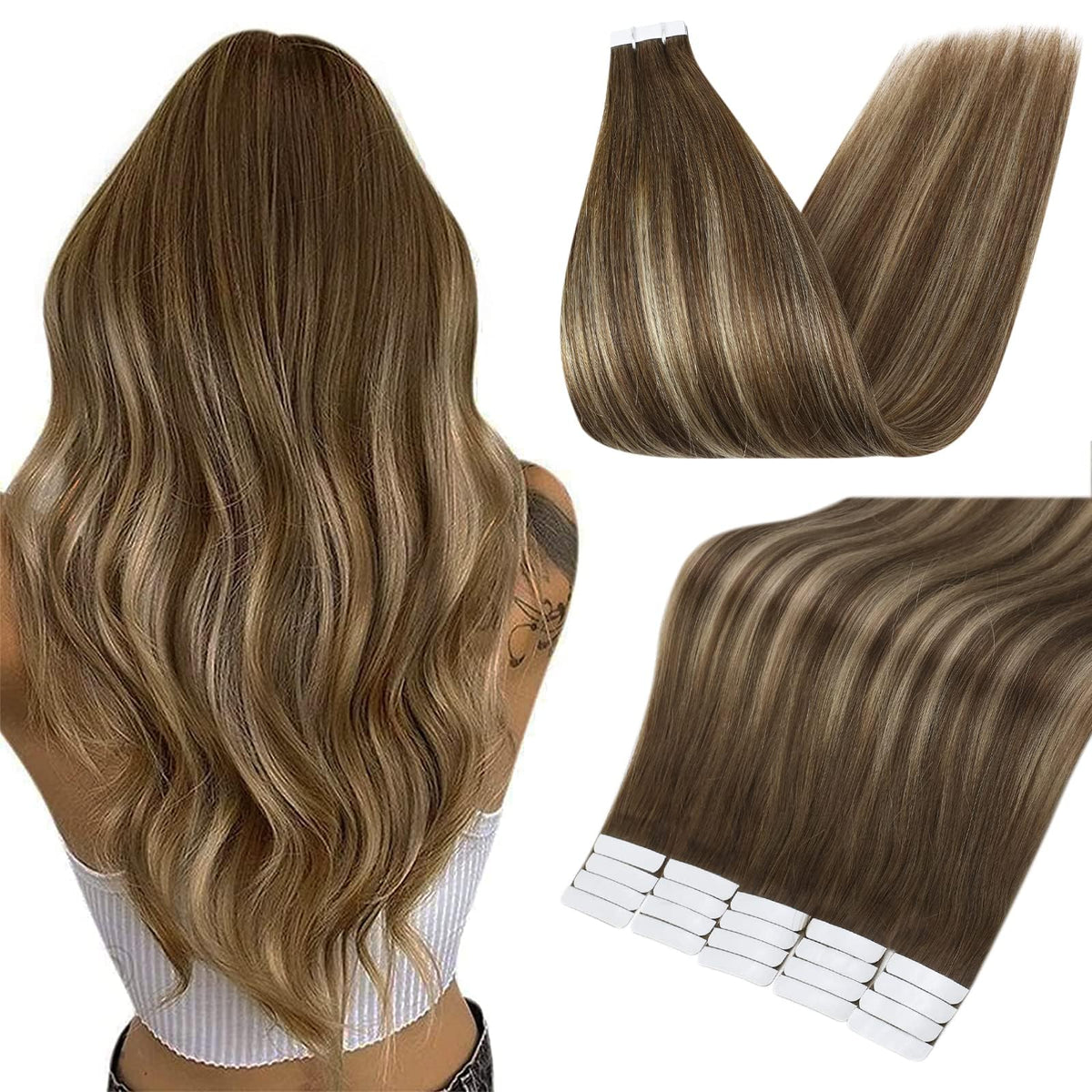 Fshine Tape-In Hair Extensions 18 Inch Medium Brown Honey Blonde front view