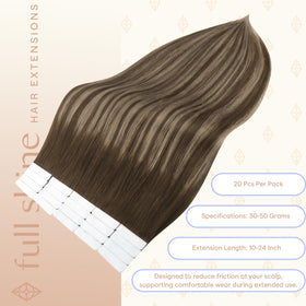 Fshine Tape-In Hair Extensions 18 Inch Medium Brown Honey Blonde in natural light