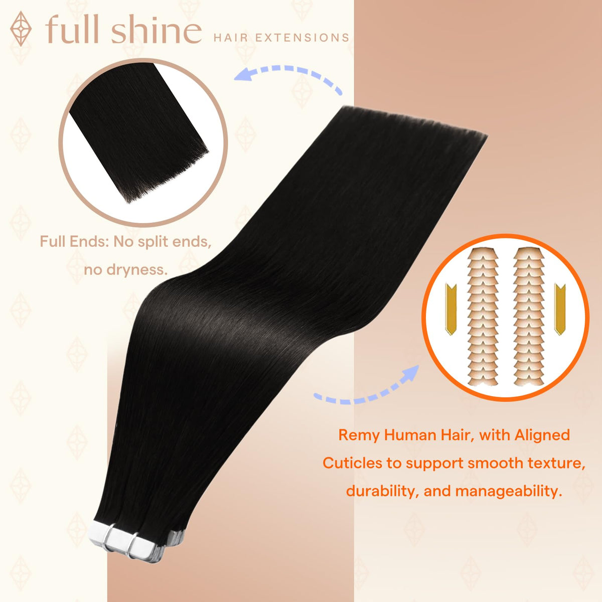 Fshine Tape In Hair Extensions Natural Black 20 Inch close-up of tape