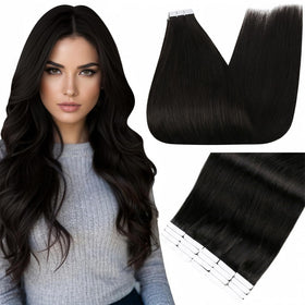 Fshine Tape In Hair Extensions Natural Black 20 Inch front view