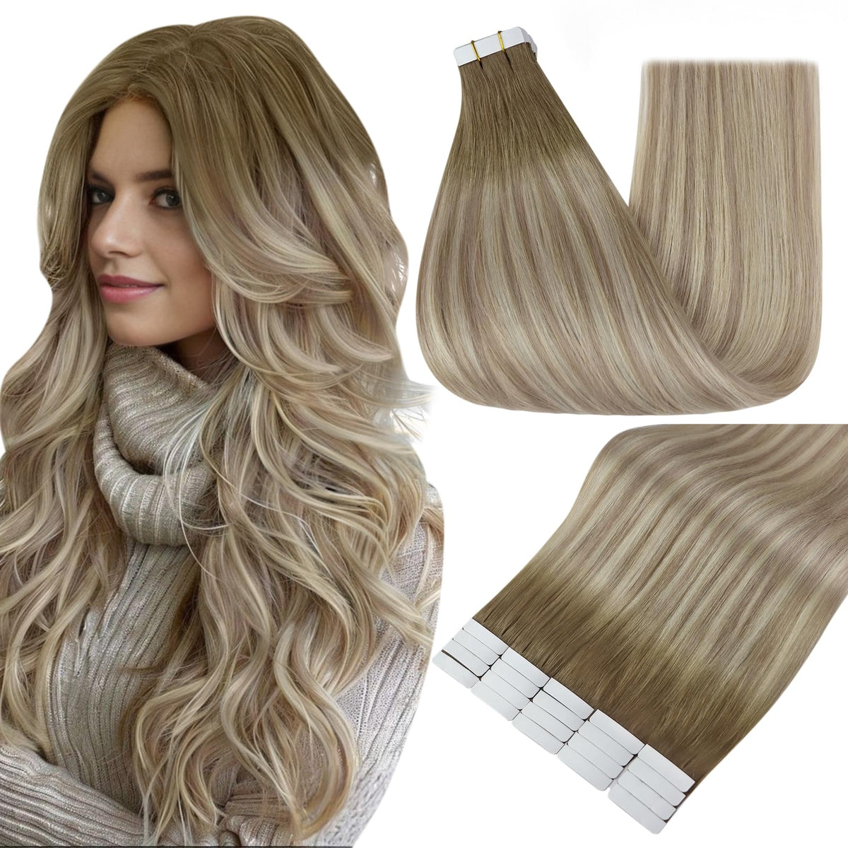 Fshine Tape-In Human Hair Extensions Ash Brown Blonde Ombre front view