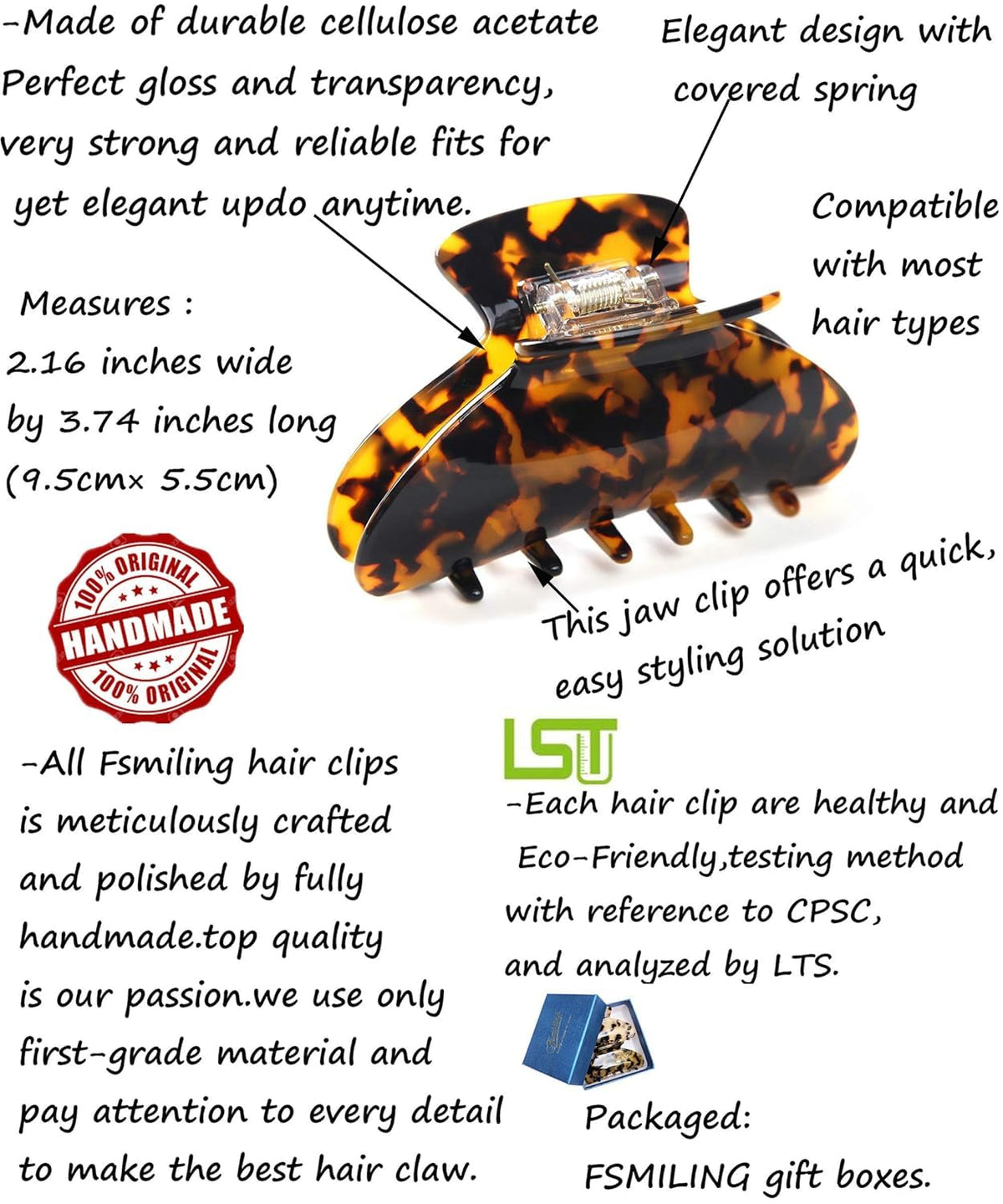 Fsmiling Large Hair Claw Clip showing detailed tortoise shell design