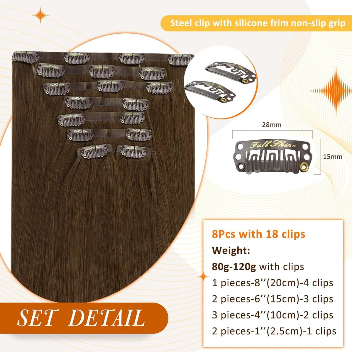 Full Shine 12 Inch Brown Clip in Hair Extensions in packaging
