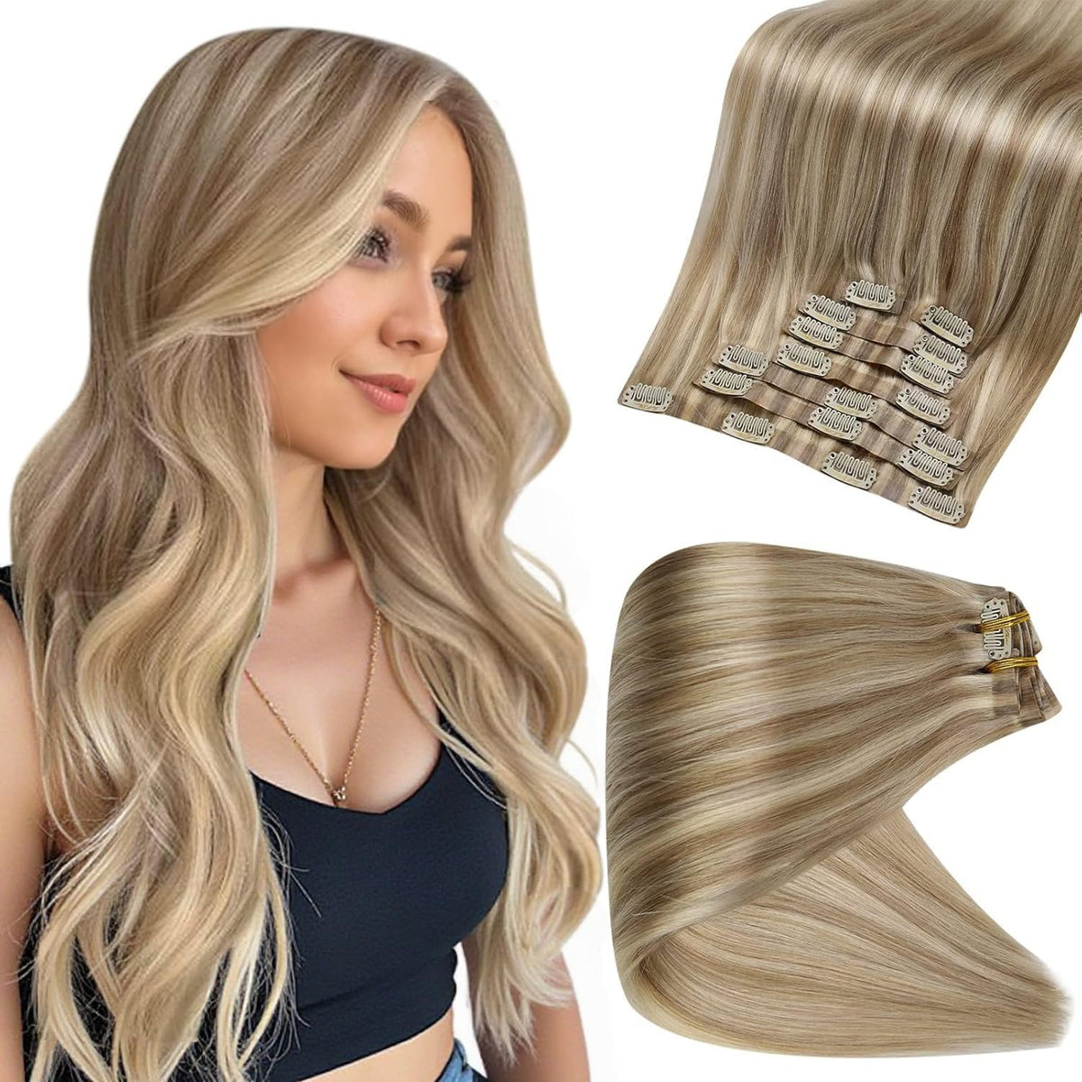 Full Shine 12 Inch Clip-in Hair Extensions Dark Ash Blonde Mix front view