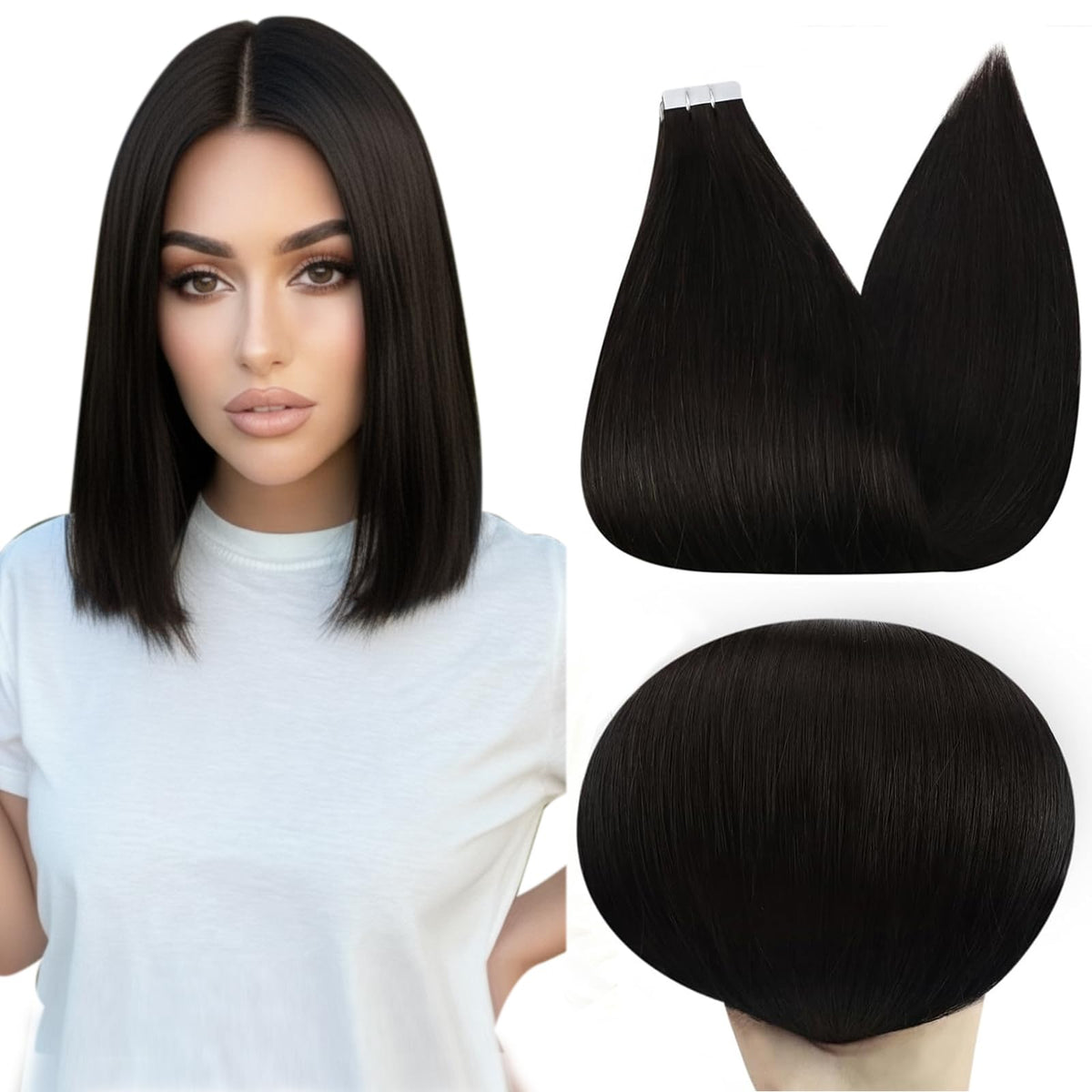 Full Shine 12 Inch Tape In Extensions in Natural Black front view
