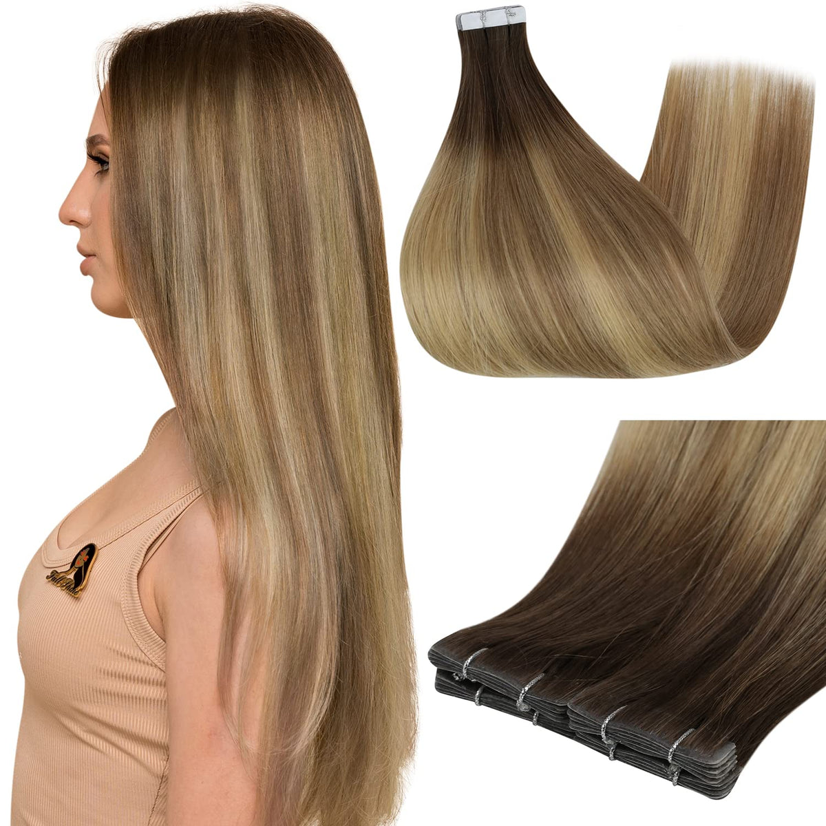 Full Shine 14-inch brown blonde tape in extensions front view