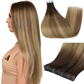 Full Shine 14-inch brown blonde tape in extensions front view