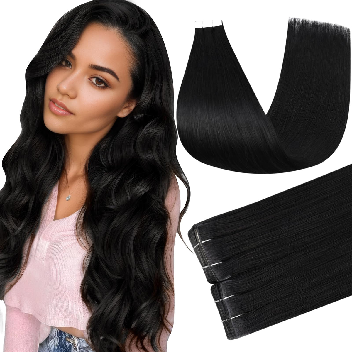 Full Shine 14 Inch Tape In Extensions in Jet Black front view