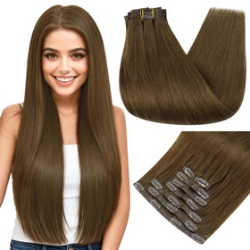 Full Shine 16 Inch Clip-In Hair Extensions in Brown front view