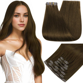 Full Shine 16 Inch Clip-in Hair Extensions in deep brown front view