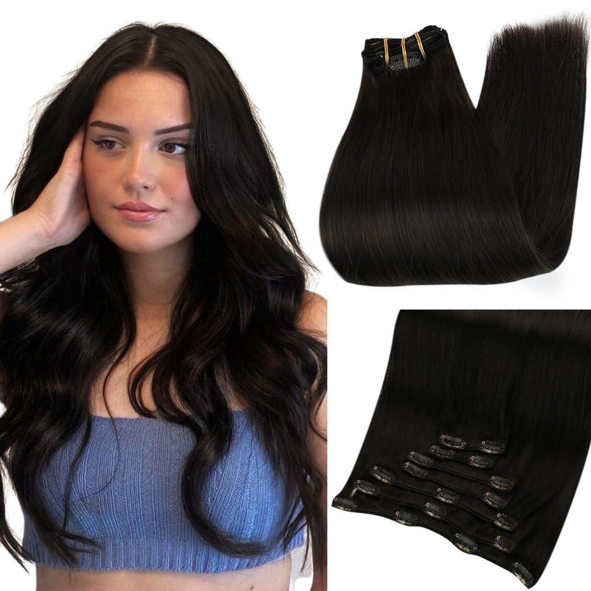 Full Shine 18 Inch Dark Black Clip in Hair Extensions front view