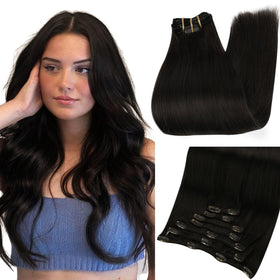Full Shine 18 Inch Dark Black Clip in Hair Extensions front view
