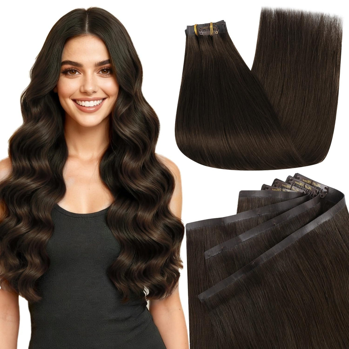 Full Shine 18 Inch Dark Brown Clip in Extensions front view