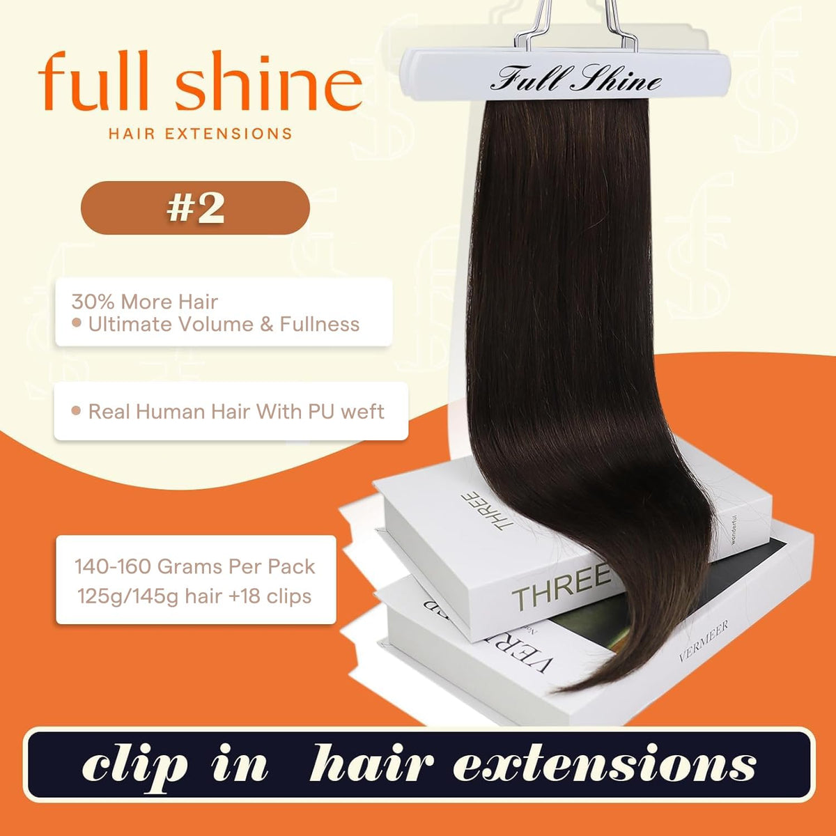 Full Shine 18 Inch Dark Brown Clip in Extensions packaging