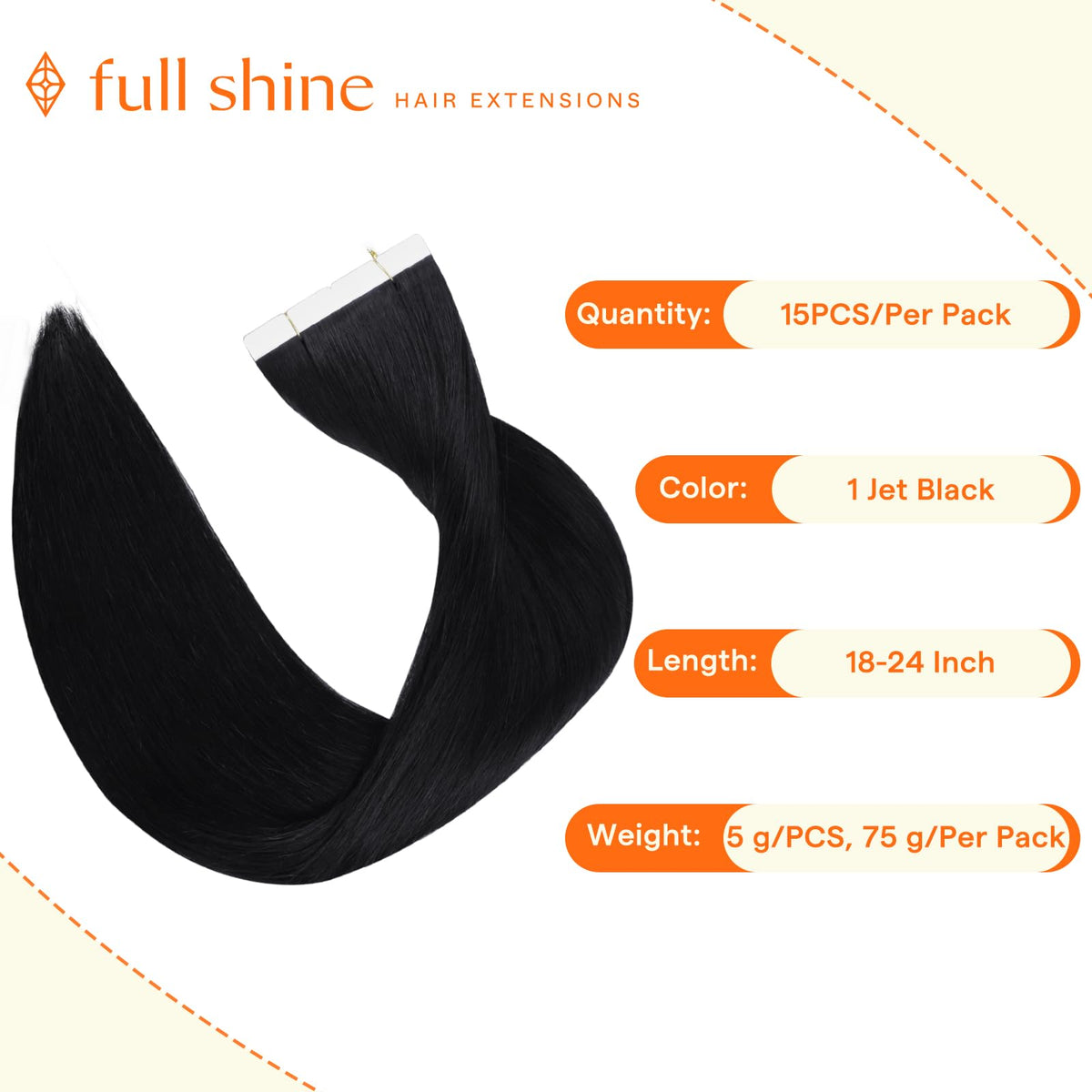 Full Shine 18 Inch Jet Black Tape in Hair Extensions packaging