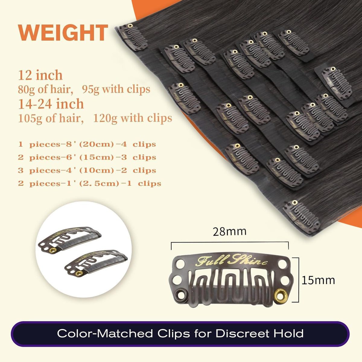 Full Shine 18 Inch Mocha Brown Clip-in Hair Extensions in packaging