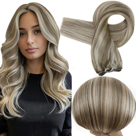 Full Shine 18 Inch Weft Hair Extensions in Ash Brown Mix Blonde front view