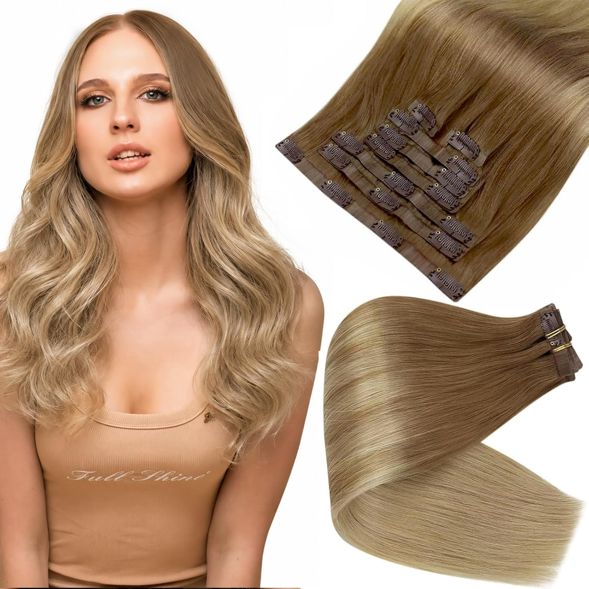 Full Shine 20 Inch brown clip-in hair extensions front view