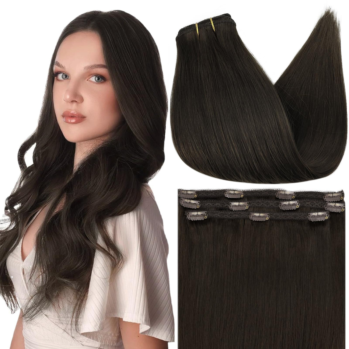 Full Shine 20 Inch Brown Clip in Hair Extensions front view