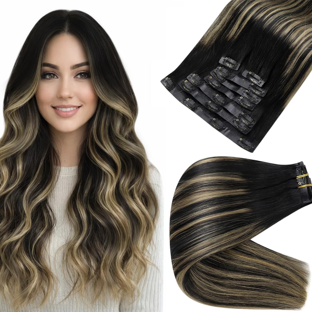 Full Shine 20-inch clip in hair extensions black balayage front view