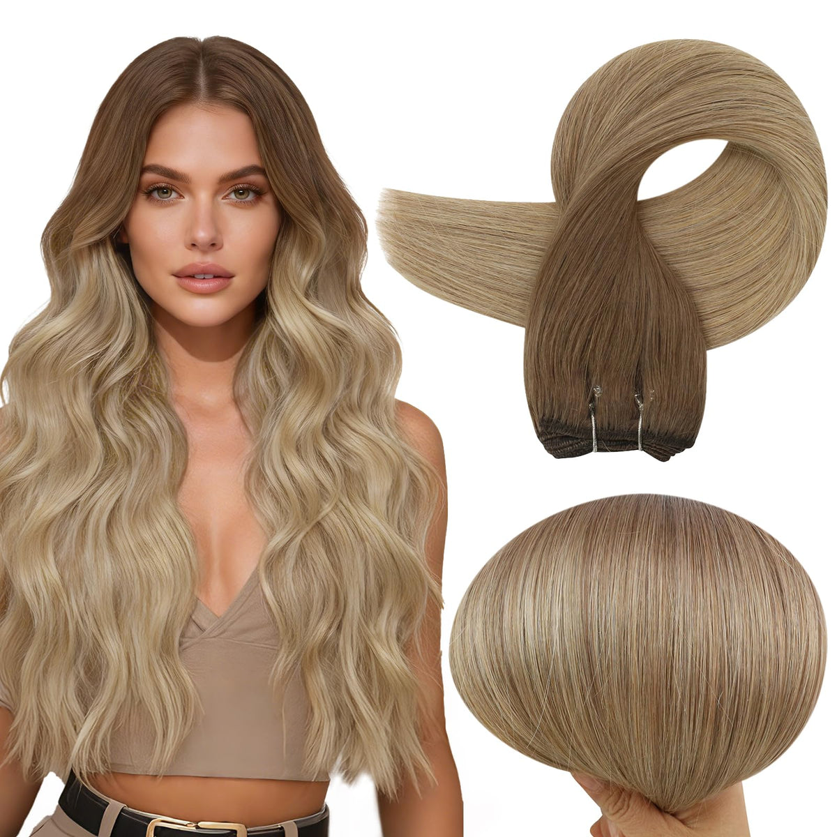 Full Shine 20 Inch Double Weft Hair Extensions in Ombre Blonde front view