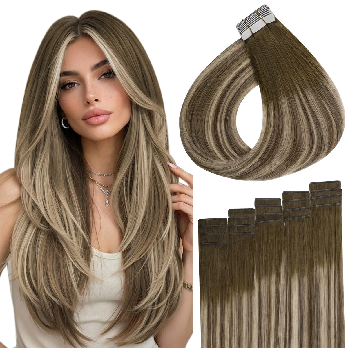 Full Shine 22 Inch brown blonde tape in hair extensions front view