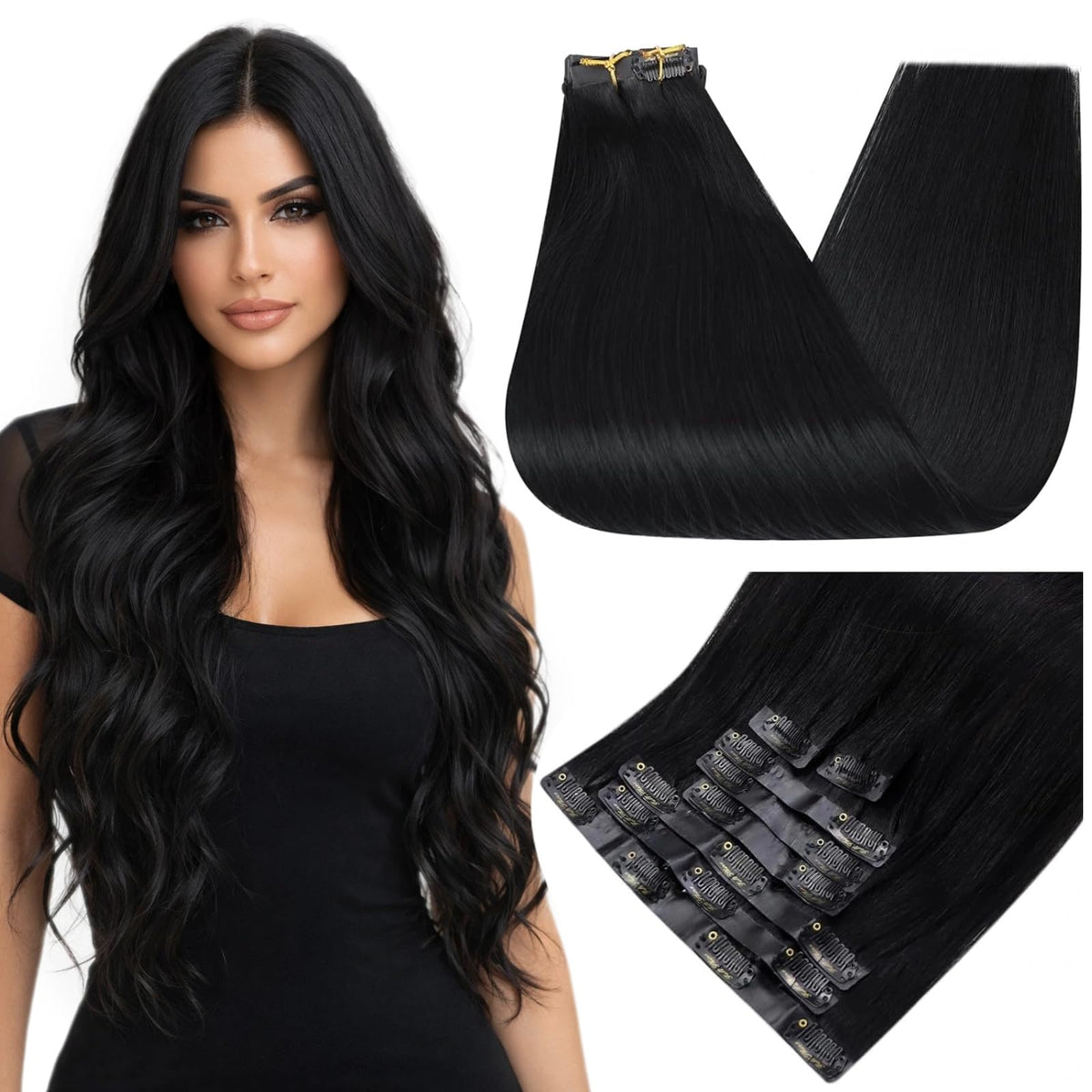 Full Shine 22 Inch Jet Black Clip-In Hair Extensions front view