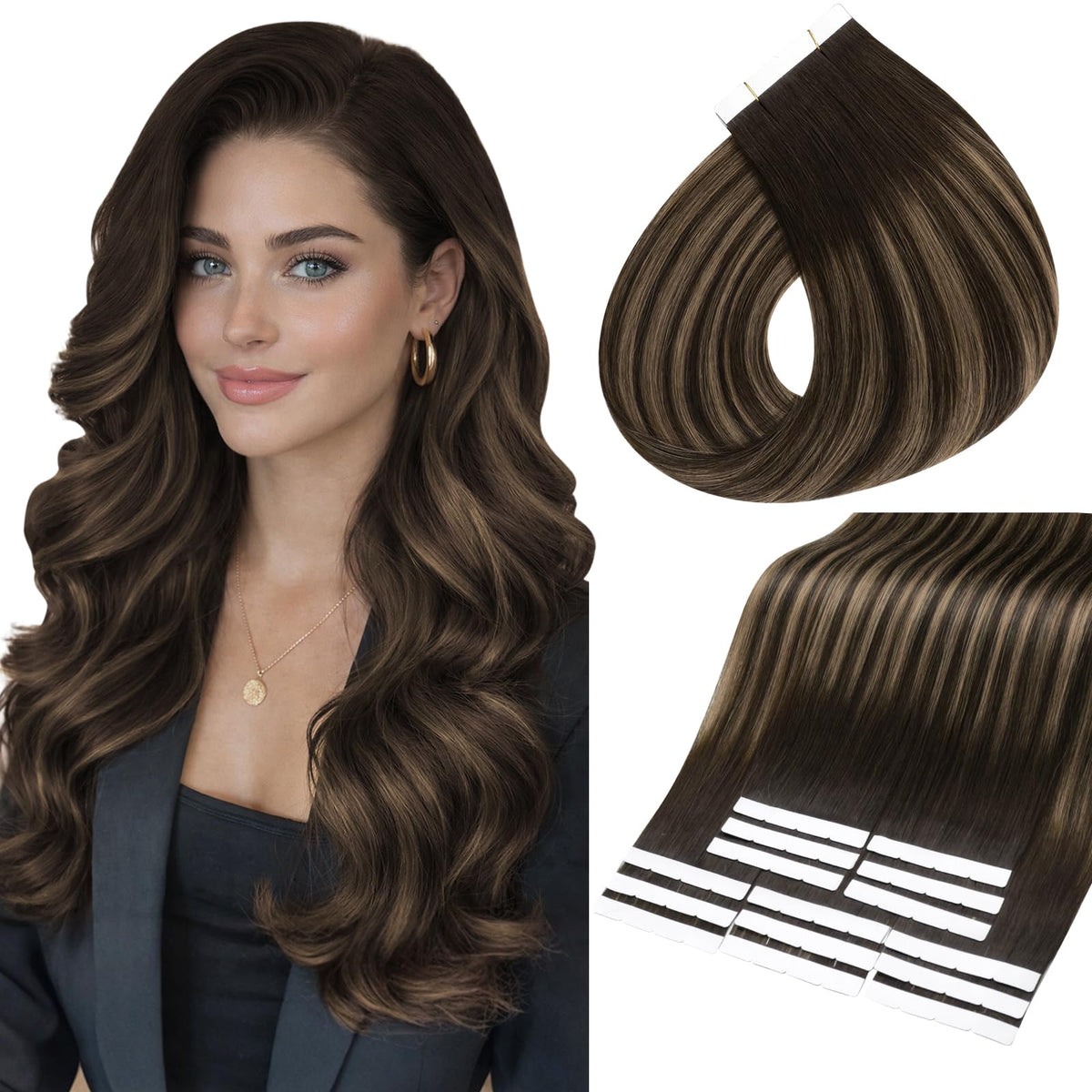Full Shine 22 Inch Wide Tape Extensions Dark Brown Mix front view