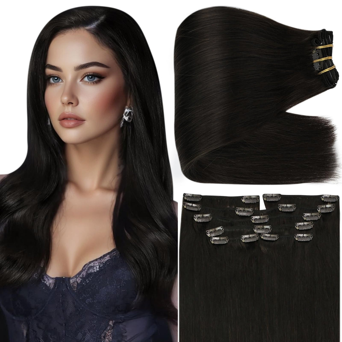 Full Shine 24-inch clip-in hair extensions in natural black front view