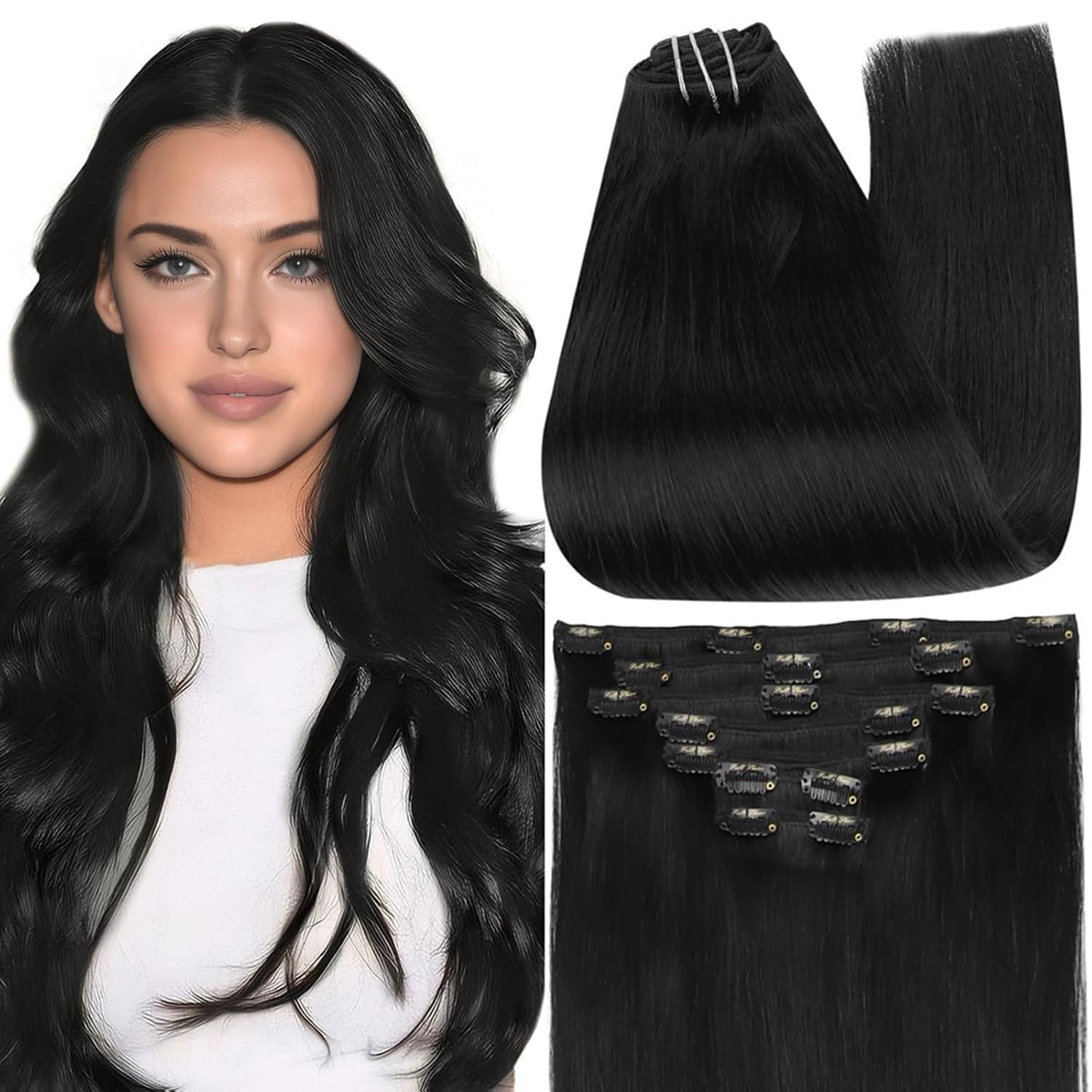 Full Shine 24 Inch Jet Black Clip in Hair Extensions front view