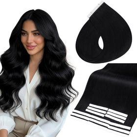 Full Shine 24 Inch Jet Black Tape in Hair Extensions front view